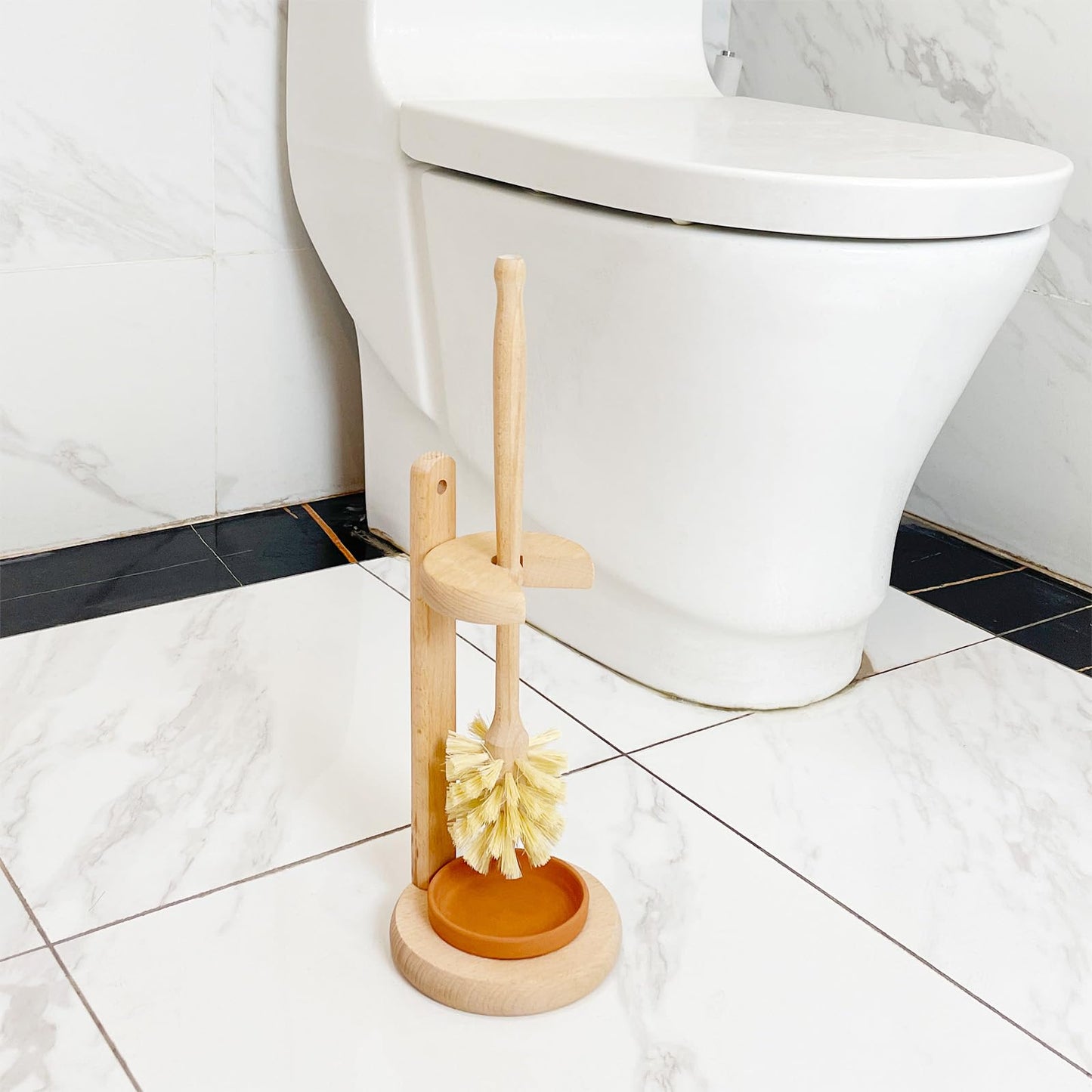 CRAKTH Wood Toilet Brush and Holder Set, Beechwood Toilet Bowl Cleaner Brush for Bathroom, Sisal Bristles Toilet Scrubber with Stand