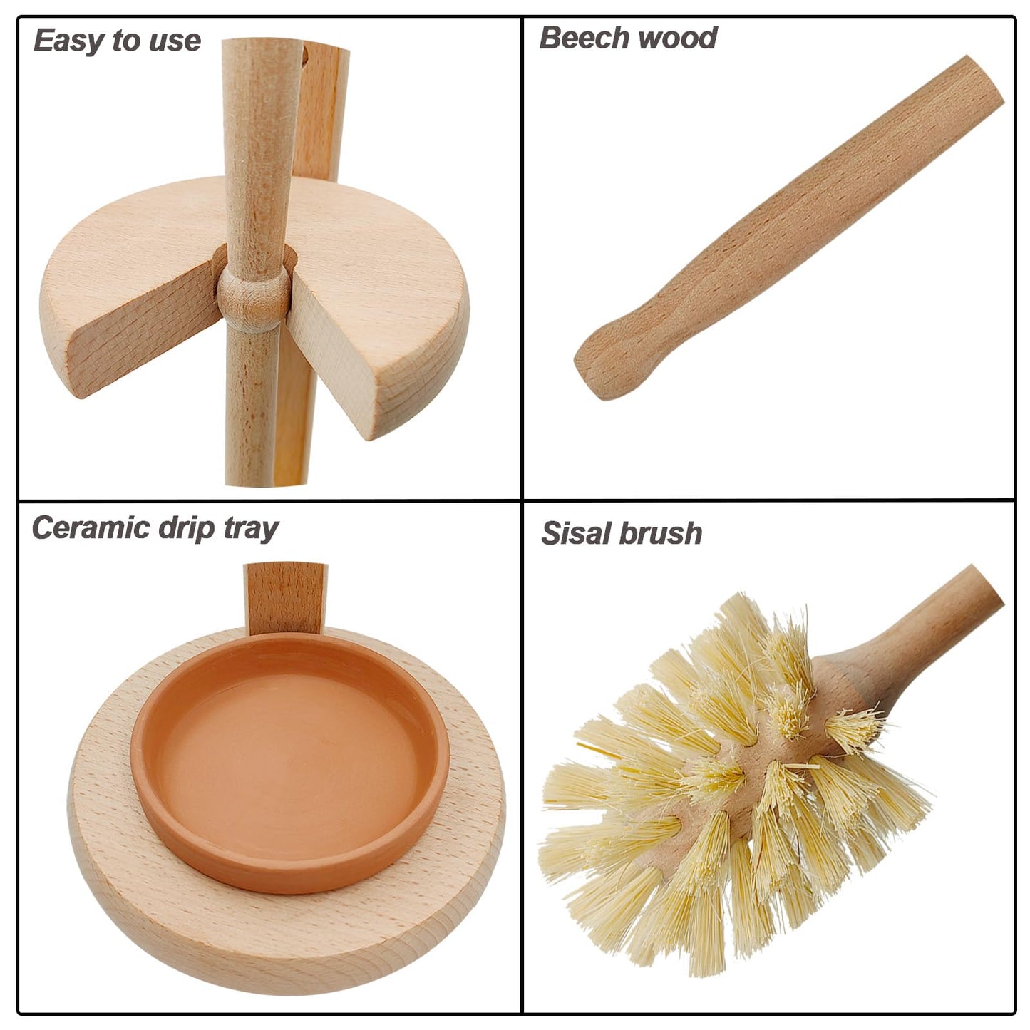 CRAKTH Wood Toilet Brush and Holder Set, Beechwood Toilet Bowl Cleaner Brush for Bathroom, Sisal Bristles Toilet Scrubber with Stand