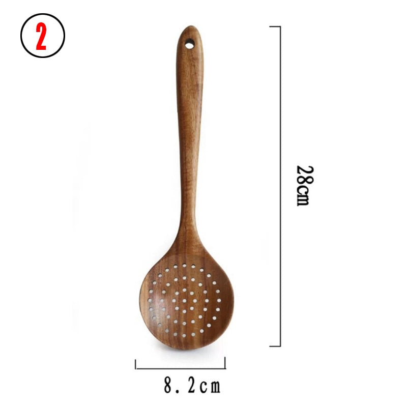 CHANSUNRUN Natural Thailand Teak Wood Kitchen Tool Set - Includes Long Ladle, Turner, Spoon, Colander, Skimmer, and Scoop for Cooking, Soup, Rice, and Tableware