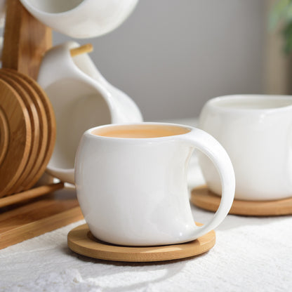 Six-Piece Ceramic Cup Set, 200 ml Tea and Coffee Cups with Bamboo and Wooden Stand