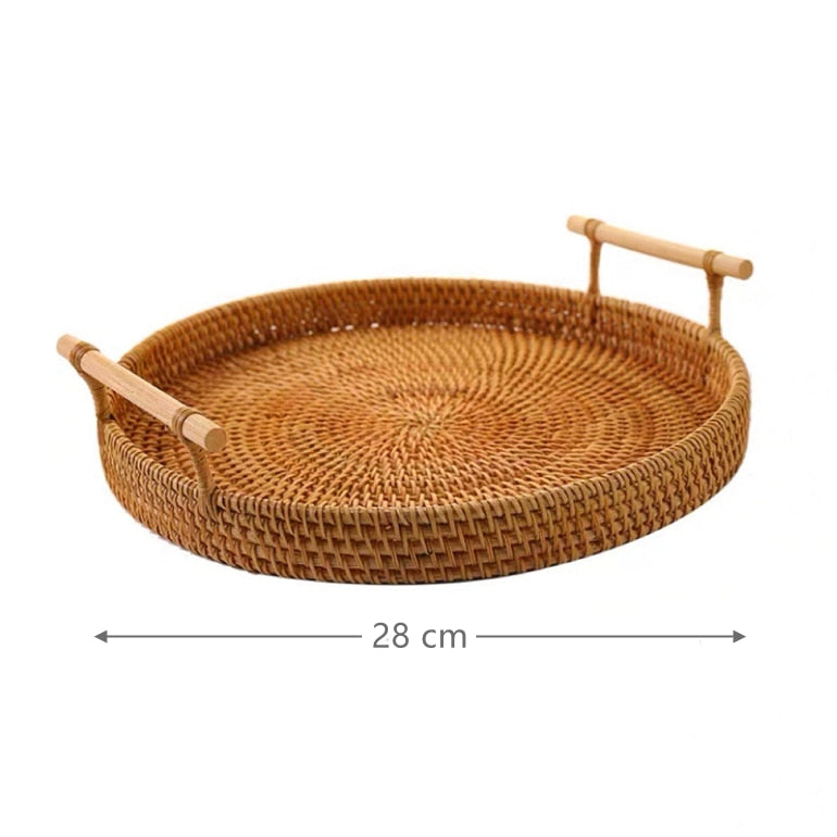 Round Rattan Wicker Fruit Tray with Wooden Handle - Versatile Food and Bread Serving Basket for Home Storage