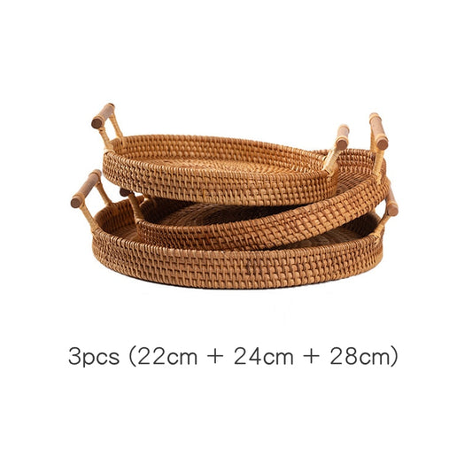 Round Rattan Wicker Fruit Tray with Wooden Handle - Versatile Food and Bread Serving Basket for Home Storage