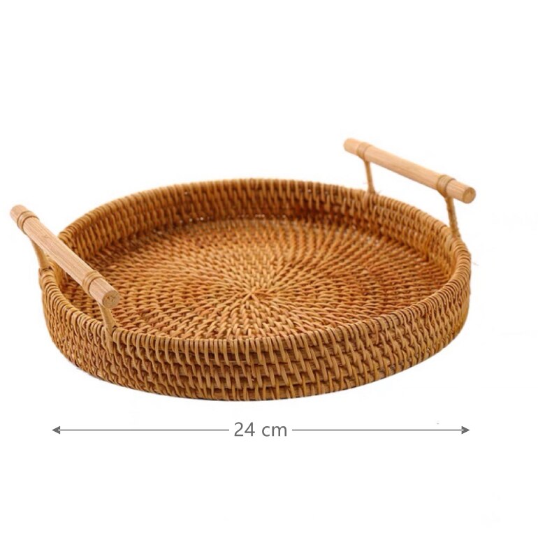 Round Rattan Wicker Fruit Tray with Wooden Handle - Versatile Food and Bread Serving Basket for Home Storage