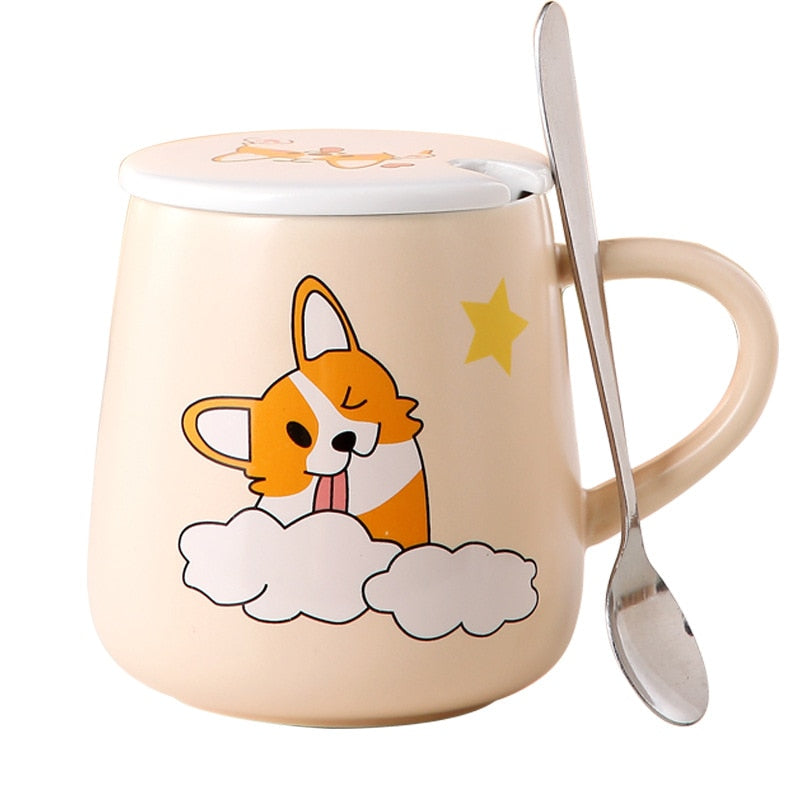 Ceramic Cartoon Mug with Lid and Spoon - 440ml Capacity for Coffee, Milk, or Tea - Ideal Breakfast Cup and Drinkware