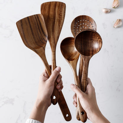 CHANSUNRUN Natural Thailand Teak Wood Kitchen Tool Set - Includes Long Ladle, Turner, Spoon, Colander, Skimmer, and Scoop for Cooking, Soup, Rice, and Tableware