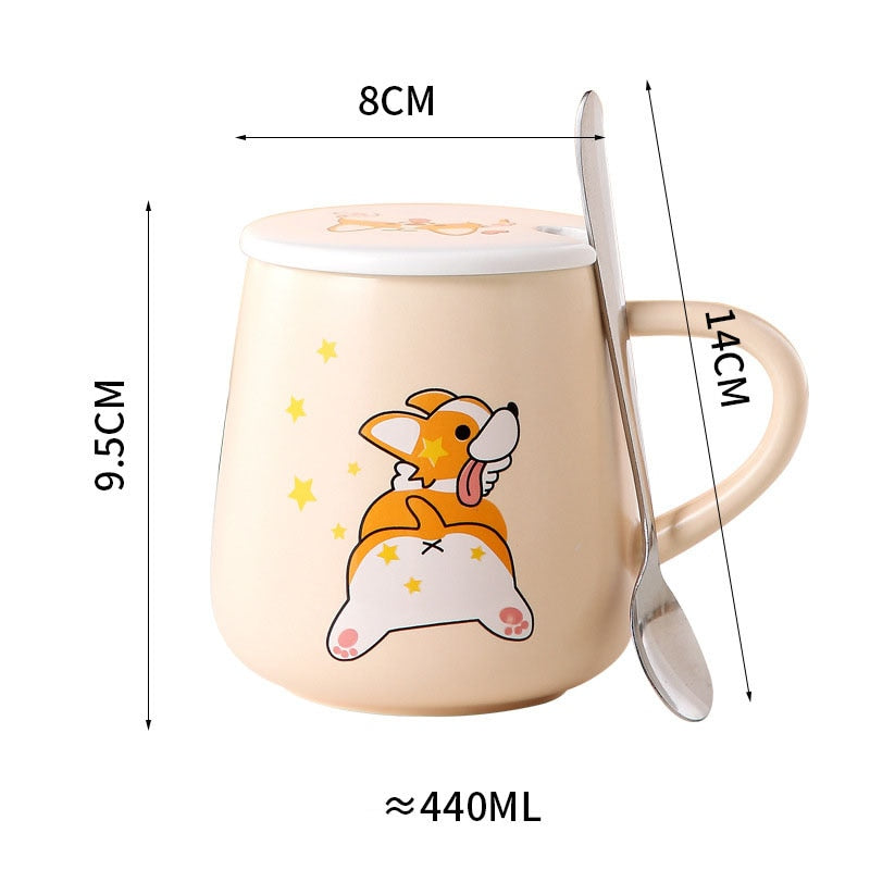 Ceramic Cartoon Mug with Lid and Spoon - 440ml Capacity for Coffee, Milk, or Tea - Ideal Breakfast Cup and Drinkware