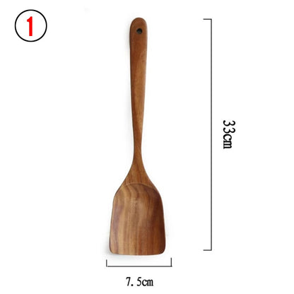 CHANSUNRUN Natural Thailand Teak Wood Kitchen Tool Set - Includes Long Ladle, Turner, Spoon, Colander, Skimmer, and Scoop for Cooking, Soup, Rice, and Tableware