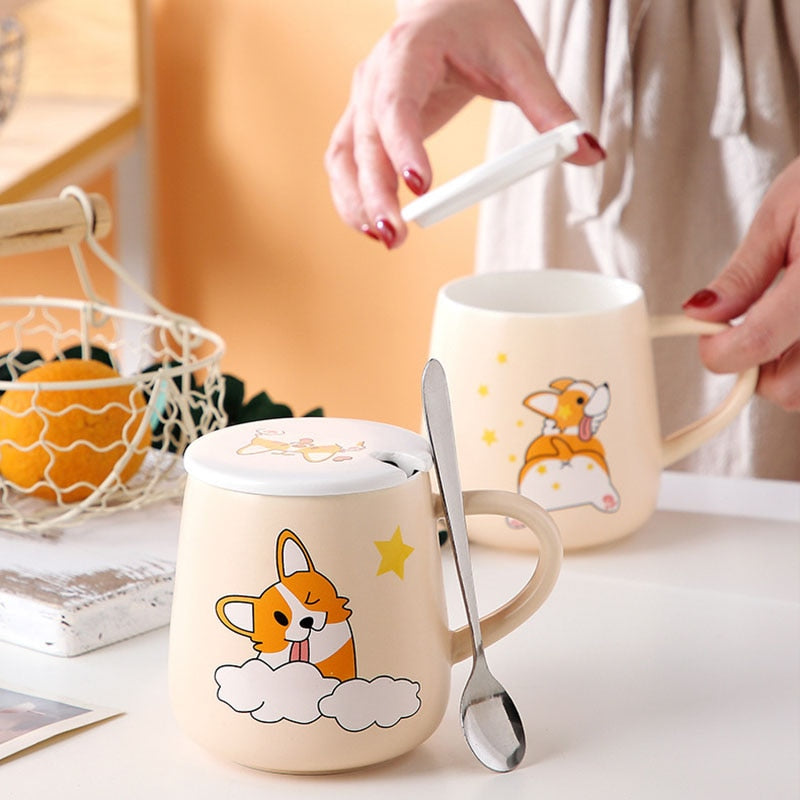 Ceramic Cartoon Mug with Lid and Spoon - 440ml Capacity for Coffee, Milk, or Tea - Ideal Breakfast Cup and Drinkware