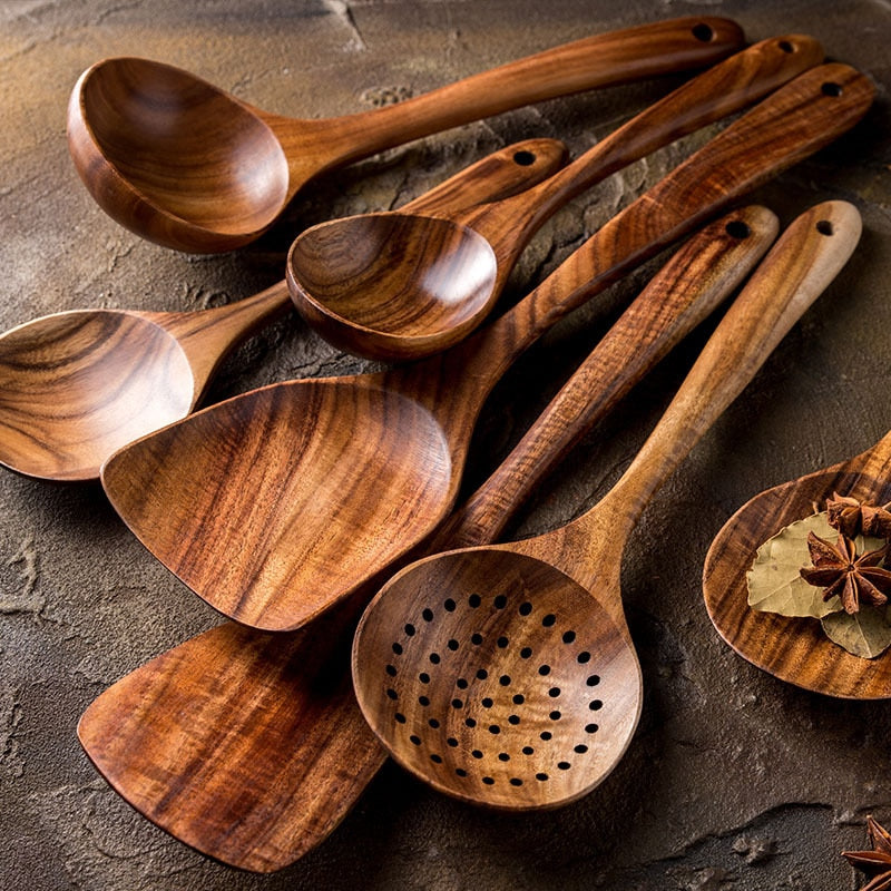 CHANSUNRUN Natural Thailand Teak Wood Kitchen Tool Set - Includes Long Ladle, Turner, Spoon, Colander, Skimmer, and Scoop for Cooking, Soup, Rice, and Tableware