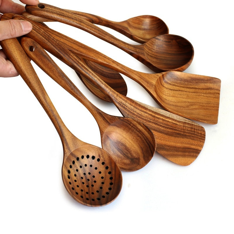 CHANSUNRUN Natural Thailand Teak Wood Kitchen Tool Set - Includes Long Ladle, Turner, Spoon, Colander, Skimmer, and Scoop for Cooking, Soup, Rice, and Tableware