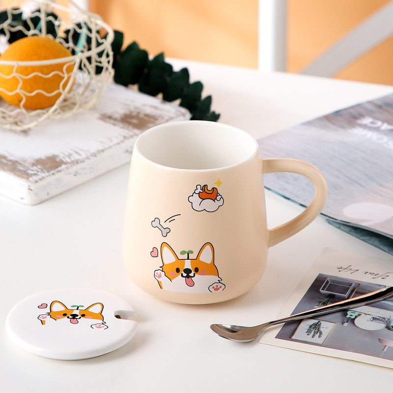 Ceramic Cartoon Mug with Lid and Spoon - 440ml Capacity for Coffee, Milk, or Tea - Ideal Breakfast Cup and Drinkware