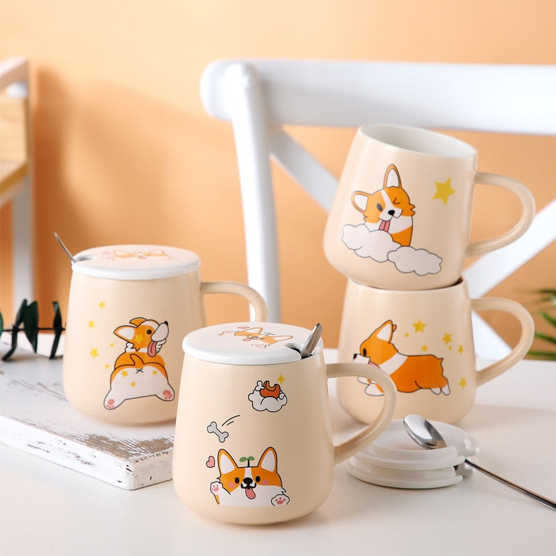 Ceramic Cartoon Mug with Lid and Spoon - 440ml Capacity for Coffee, Milk, or Tea - Ideal Breakfast Cup and Drinkware