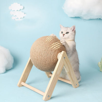 Natural Wood Cat Scratching Ball Toy - Sisal Rope Board for Kitten Play