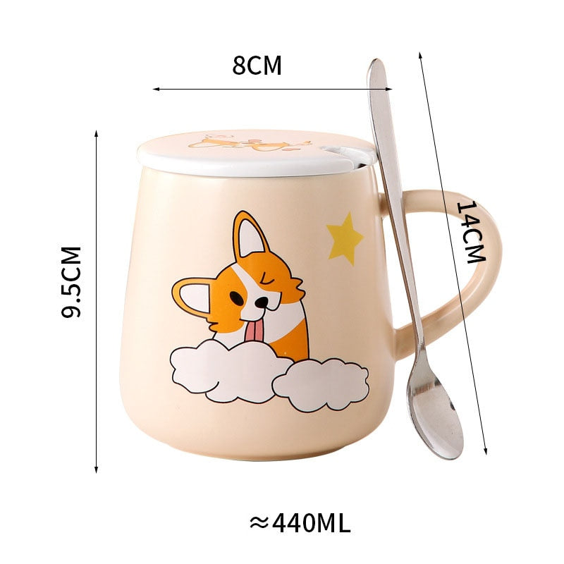 Ceramic Cartoon Mug with Lid and Spoon - 440ml Capacity for Coffee, Milk, or Tea - Ideal Breakfast Cup and Drinkware