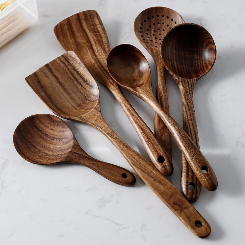 CHANSUNRUN Natural Thailand Teak Wood Kitchen Tool Set - Includes Long Ladle, Turner, Spoon, Colander, Skimmer, and Scoop for Cooking, Soup, Rice, and Tableware