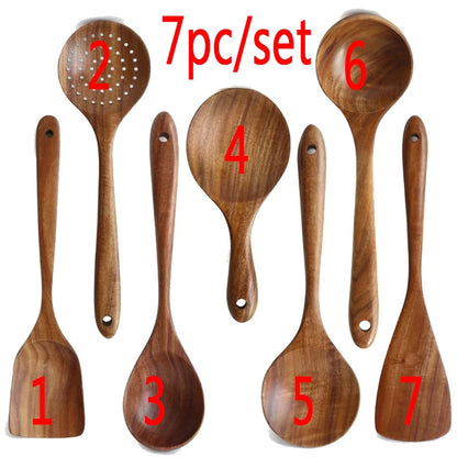 CHANSUNRUN Natural Thailand Teak Wood Kitchen Tool Set - Includes Long Ladle, Turner, Spoon, Colander, Skimmer, and Scoop for Cooking, Soup, Rice, and Tableware