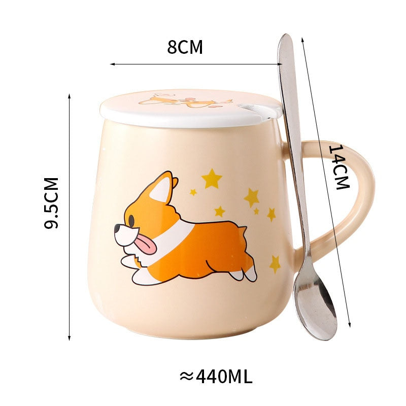 Ceramic Cartoon Mug with Lid and Spoon - 440ml Capacity for Coffee, Milk, or Tea - Ideal Breakfast Cup and Drinkware