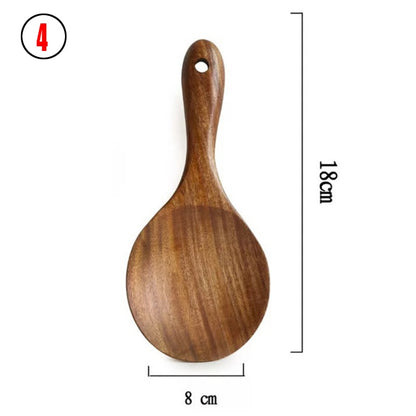 CHANSUNRUN Natural Thailand Teak Wood Kitchen Tool Set - Includes Long Ladle, Turner, Spoon, Colander, Skimmer, and Scoop for Cooking, Soup, Rice, and Tableware