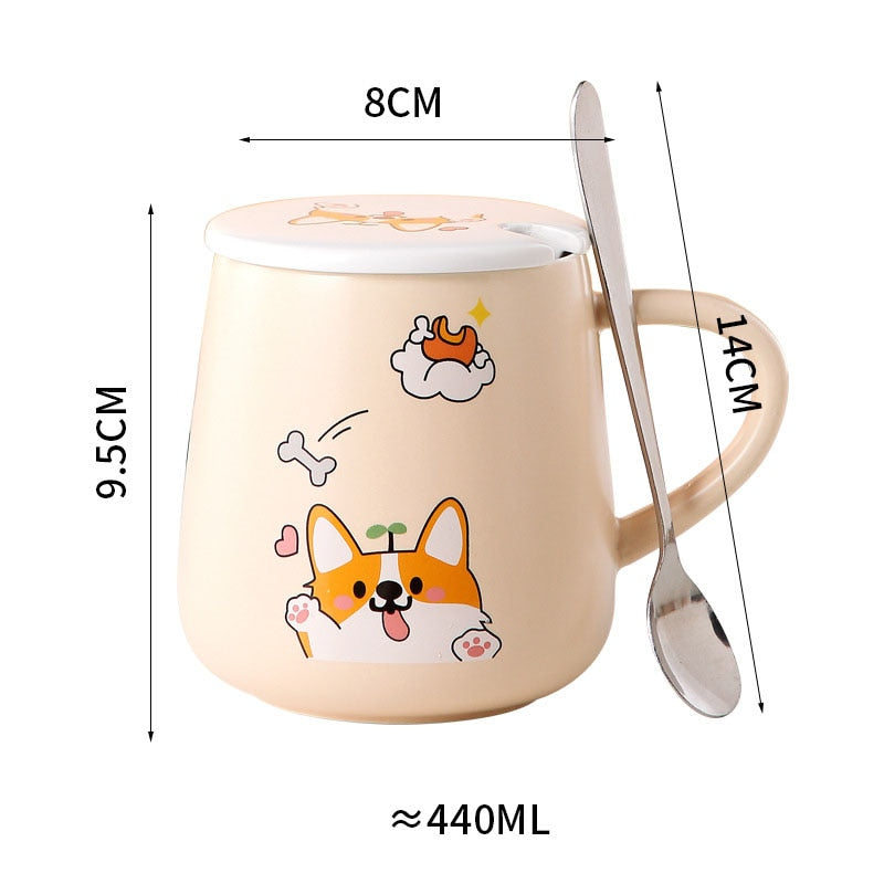 Ceramic Cartoon Mug with Lid and Spoon - 440ml Capacity for Coffee, Milk, or Tea - Ideal Breakfast Cup and Drinkware