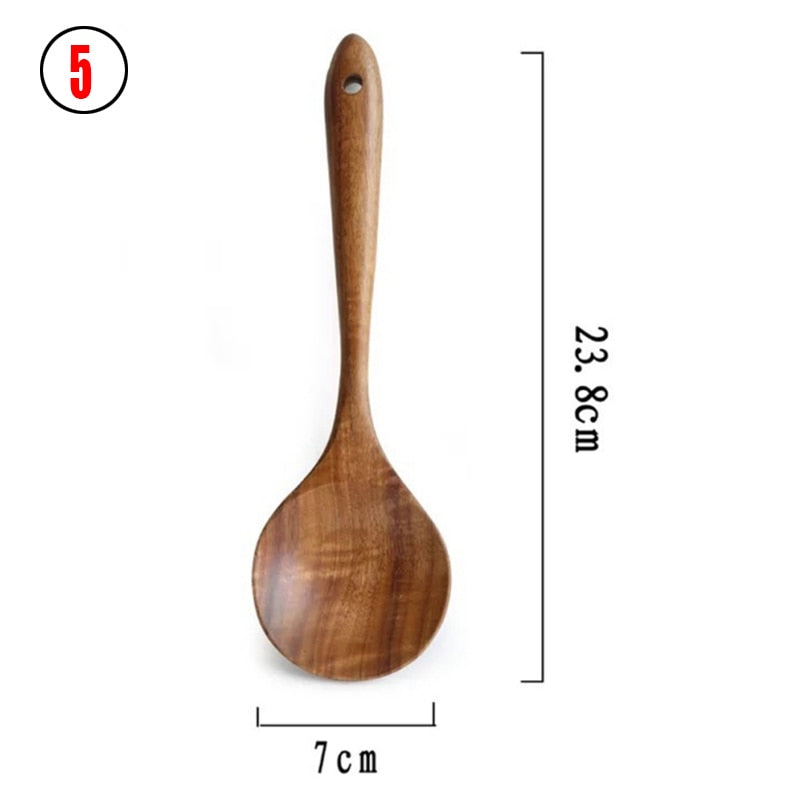 CHANSUNRUN Natural Thailand Teak Wood Kitchen Tool Set - Includes Long Ladle, Turner, Spoon, Colander, Skimmer, and Scoop for Cooking, Soup, Rice, and Tableware