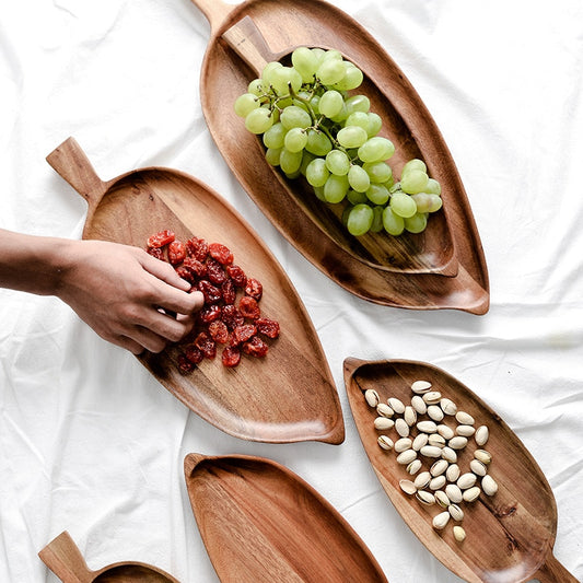 Acacia Wood Leaf Shape Plate; Perfect for Desserts, Bread, Nuts, Snacks, and Cakes | Wooden Tray for Kitchen Utensils