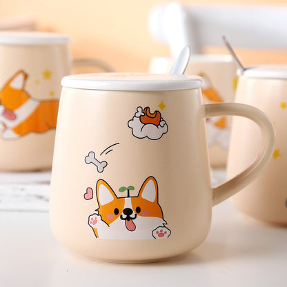 Ceramic Cartoon Mug with Lid and Spoon - 440ml Capacity for Coffee, Milk, or Tea - Ideal Breakfast Cup and Drinkware