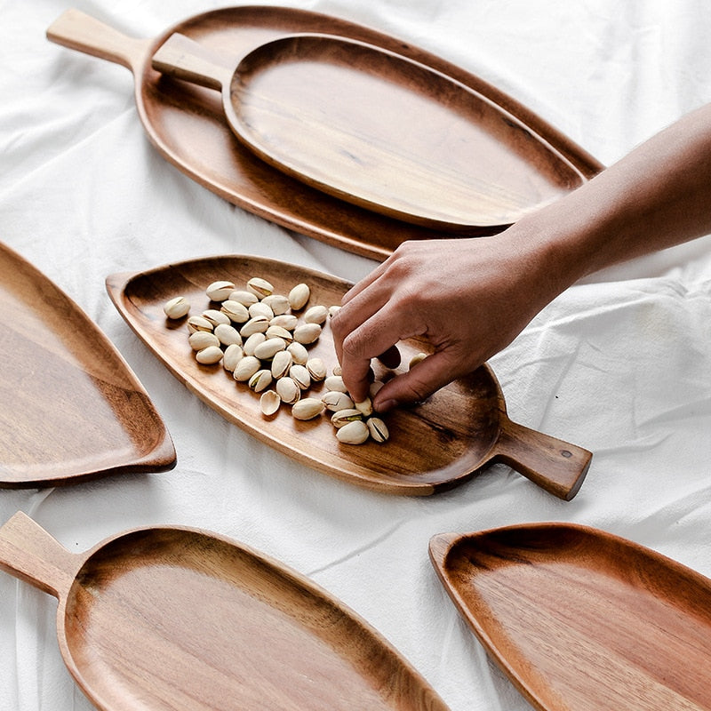 Acacia Wood Leaf Shape Plate; Perfect for Desserts, Bread, Nuts, Snacks, and Cakes | Wooden Tray for Kitchen Utensils