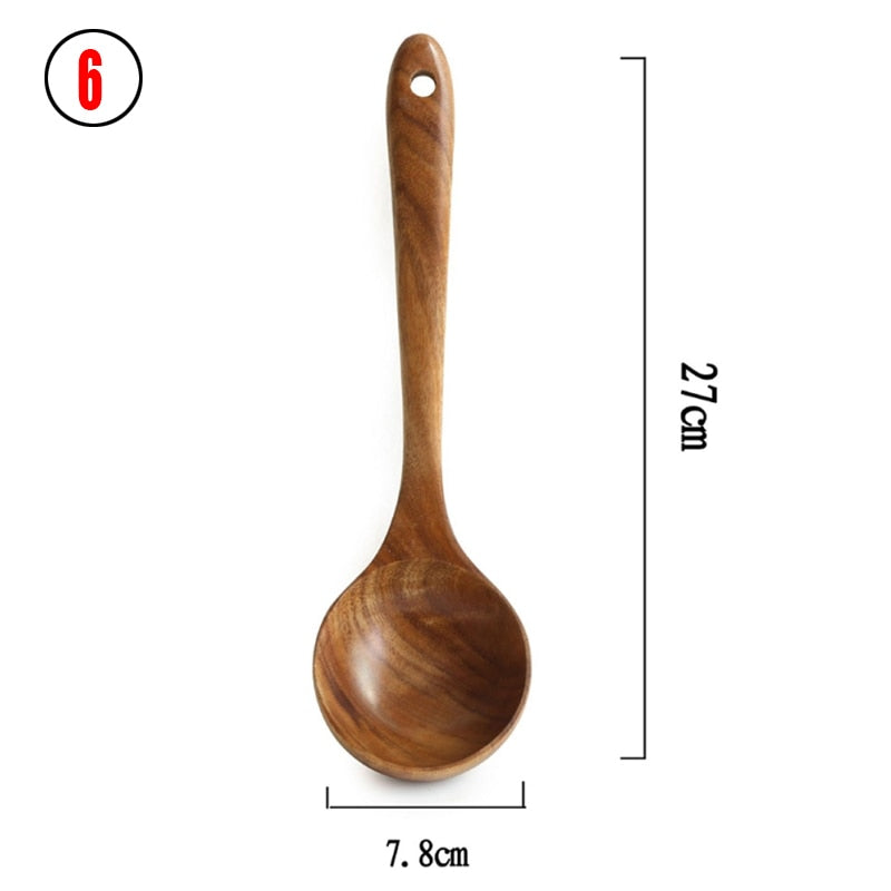 CHANSUNRUN Natural Thailand Teak Wood Kitchen Tool Set - Includes Long Ladle, Turner, Spoon, Colander, Skimmer, and Scoop for Cooking, Soup, Rice, and Tableware