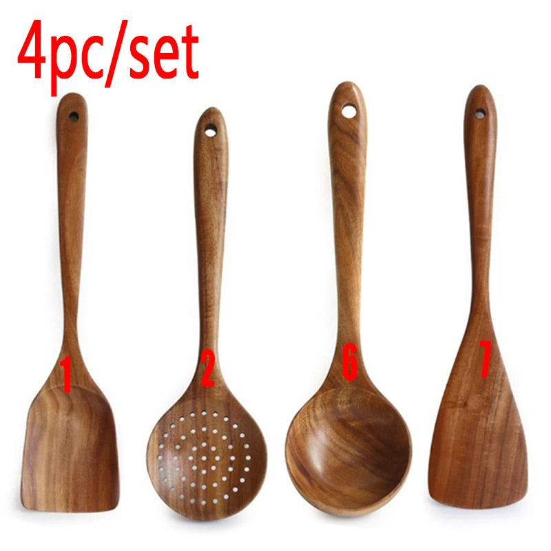 CHANSUNRUN Natural Thailand Teak Wood Kitchen Tool Set - Includes Long Ladle, Turner, Spoon, Colander, Skimmer, and Scoop for Cooking, Soup, Rice, and Tableware