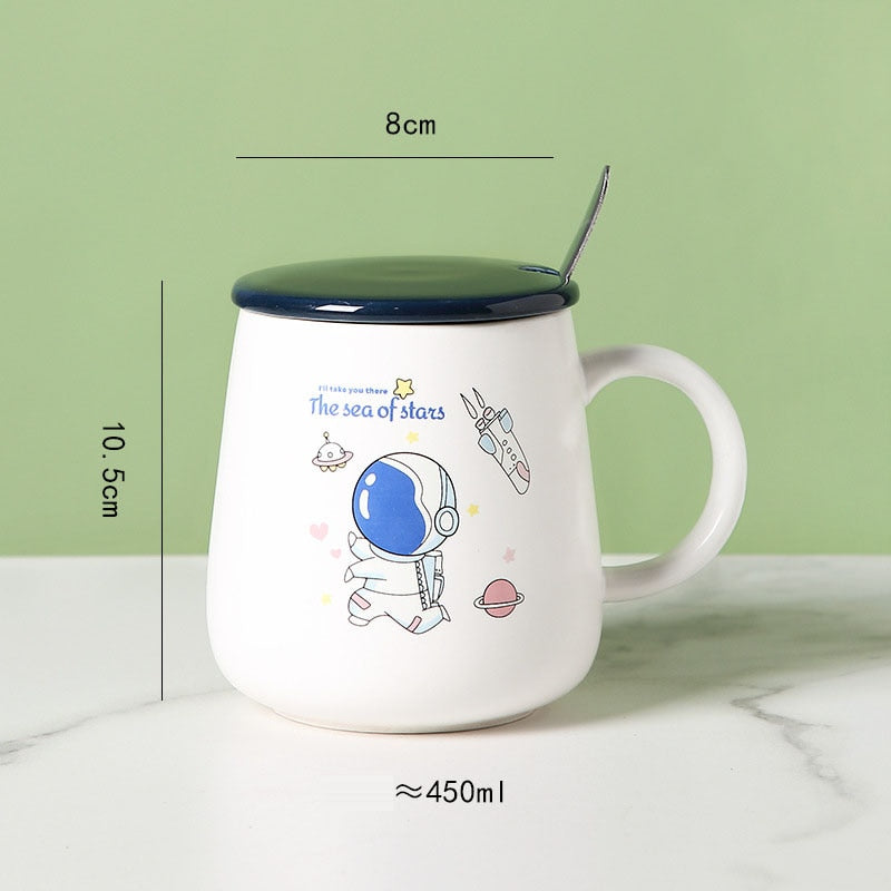 Ceramic Cartoon Mug with Lid and Spoon - 440ml Capacity for Coffee, Milk, or Tea - Ideal Breakfast Cup and Drinkware