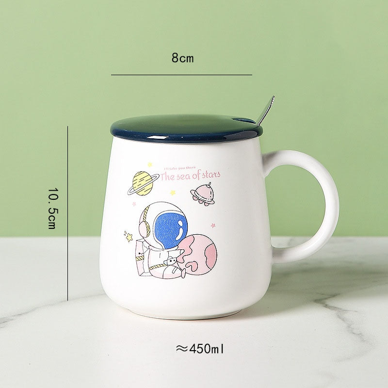 Ceramic Cartoon Mug with Lid and Spoon - 440ml Capacity for Coffee, Milk, or Tea - Ideal Breakfast Cup and Drinkware