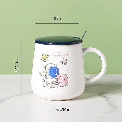 Ceramic Cartoon Mug with Lid and Spoon - 440ml Capacity for Coffee, Milk, or Tea - Ideal Breakfast Cup and Drinkware