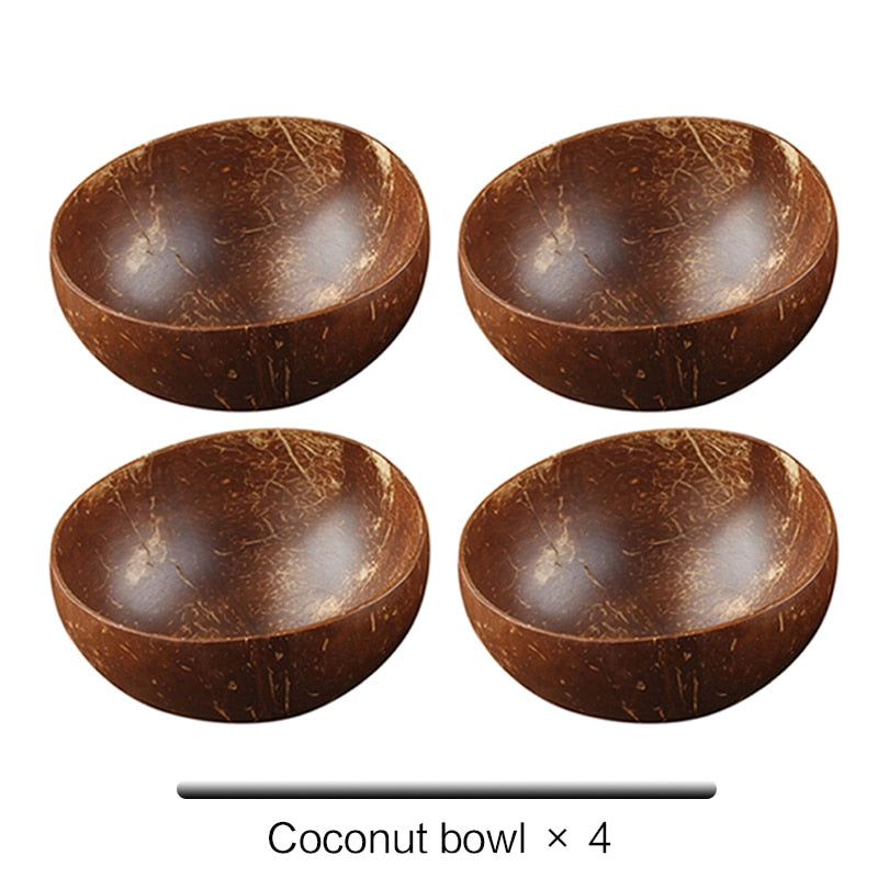 Natural Coconut Bowl Set - Handmade Eco-Friendly Vegan Bowls with Coco Wood Spoon Set for Kitchen Tableware and Home Storage.