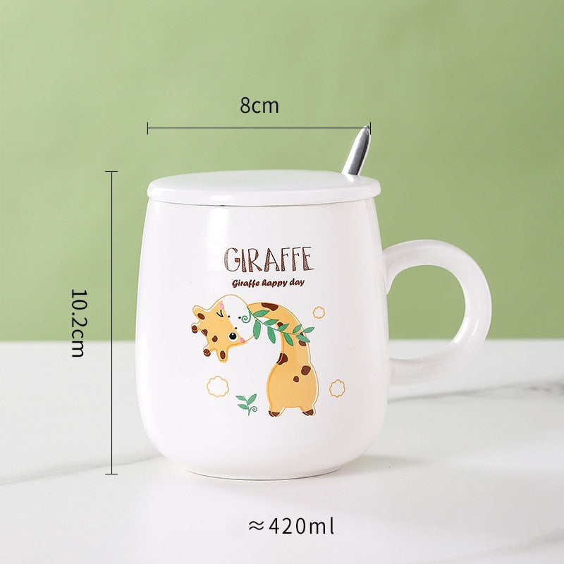 Ceramic Cartoon Mug with Lid and Spoon - 440ml Capacity for Coffee, Milk, or Tea - Ideal Breakfast Cup and Drinkware