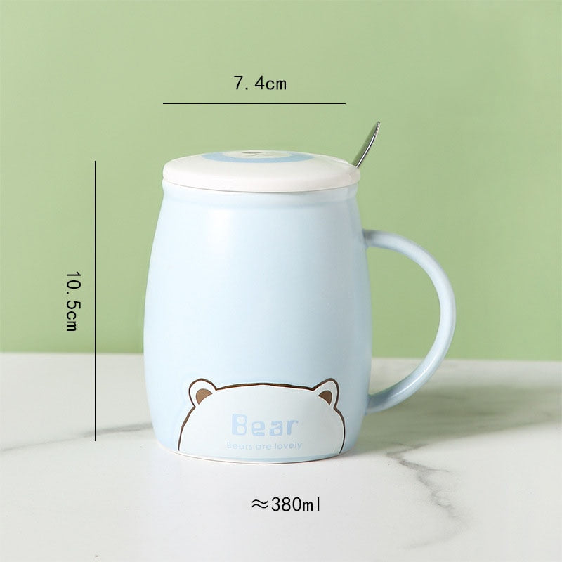 Ceramic Cartoon Mug with Lid and Spoon - 440ml Capacity for Coffee, Milk, or Tea - Ideal Breakfast Cup and Drinkware