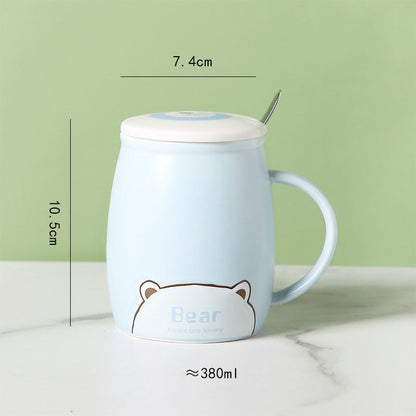 Ceramic Cartoon Mug with Lid and Spoon - 440ml Capacity for Coffee, Milk, or Tea - Ideal Breakfast Cup and Drinkware