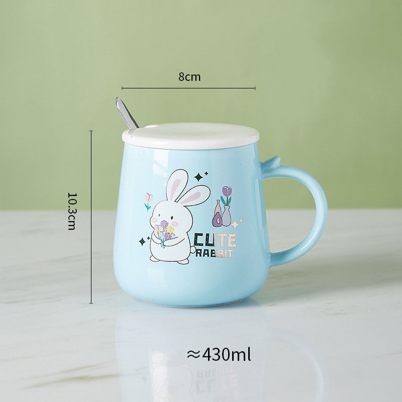 Ceramic Cartoon Mug with Lid and Spoon - 440ml Capacity for Coffee, Milk, or Tea - Ideal Breakfast Cup and Drinkware