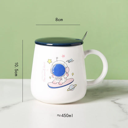 Ceramic Cartoon Mug with Lid and Spoon - 440ml Capacity for Coffee, Milk, or Tea - Ideal Breakfast Cup and Drinkware