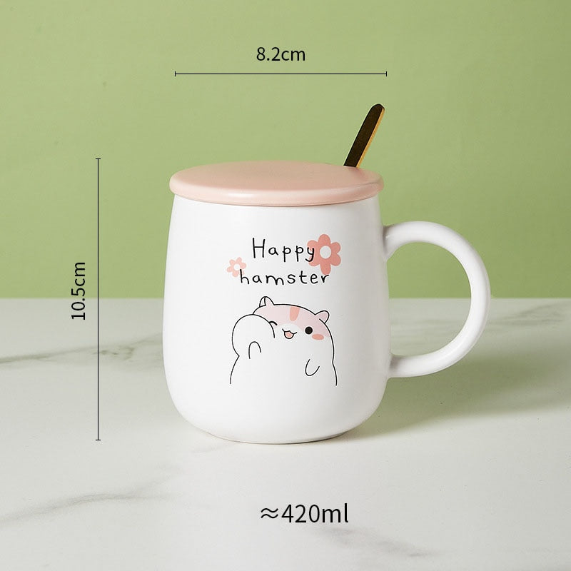 Ceramic Cartoon Mug with Lid and Spoon - 440ml Capacity for Coffee, Milk, or Tea - Ideal Breakfast Cup and Drinkware