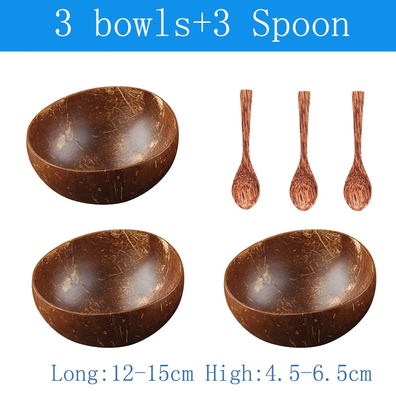 Natural Coconut Bowl and Spoon Set - 12-15cm Wooden Design Tableware for Home Kitchen, Dining, Salad, Rice, and Soup