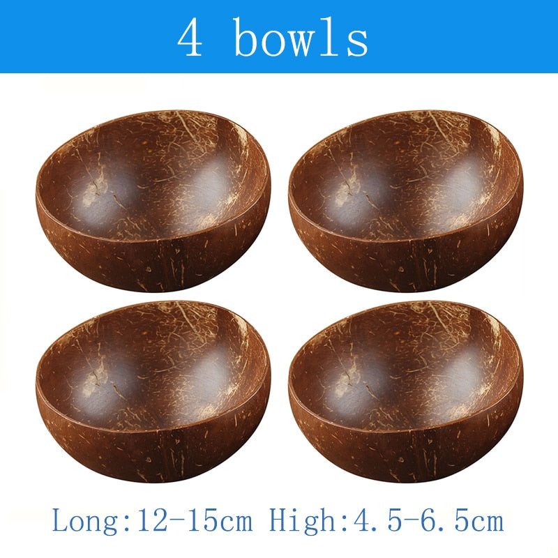 Natural Coconut Bowl and Spoon Set - 12-15cm Wooden Design Tableware for Home Kitchen, Dining, Salad, Rice, and Soup