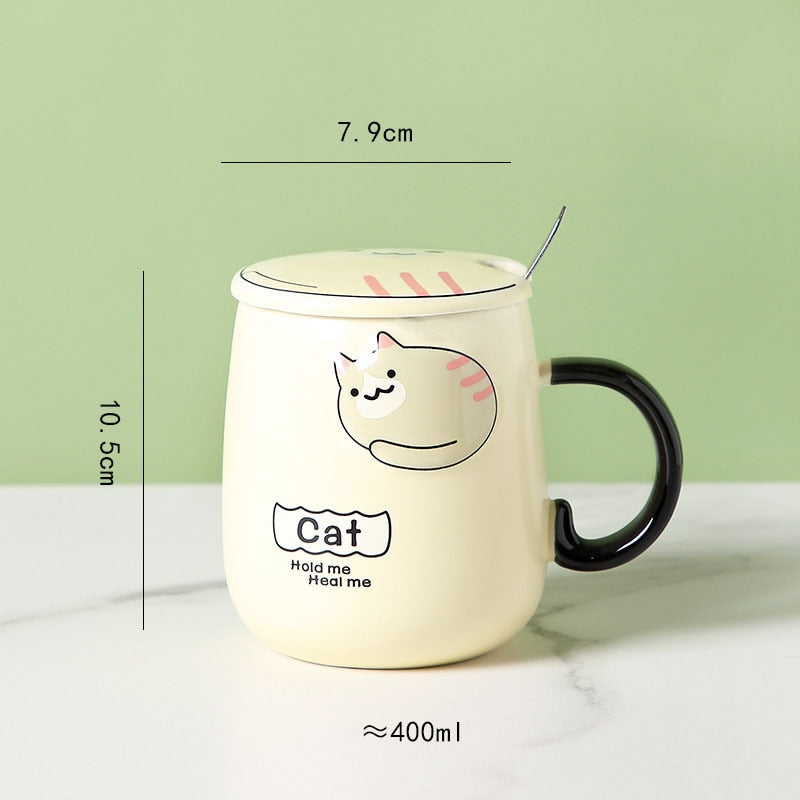 Ceramic Cartoon Mug with Lid and Spoon - 440ml Capacity for Coffee, Milk, or Tea - Ideal Breakfast Cup and Drinkware