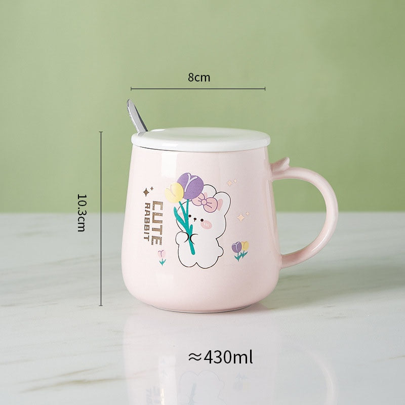 Ceramic Cartoon Mug with Lid and Spoon - 440ml Capacity for Coffee, Milk, or Tea - Ideal Breakfast Cup and Drinkware