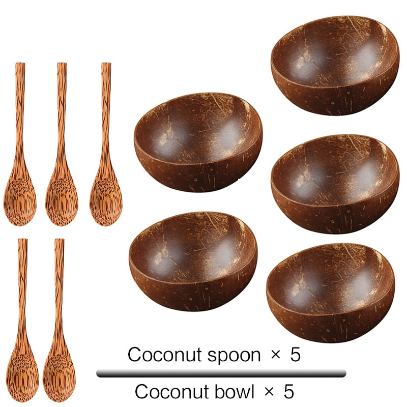 Natural Coconut Bowl Set - Handmade Eco-Friendly Vegan Bowls with Coco Wood Spoon Set for Kitchen Tableware and Home Storage.