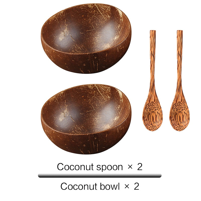 Natural Coconut Bowl Set - Handmade Eco-Friendly Vegan Bowls with Coco Wood Spoon Set for Kitchen Tableware and Home Storage.