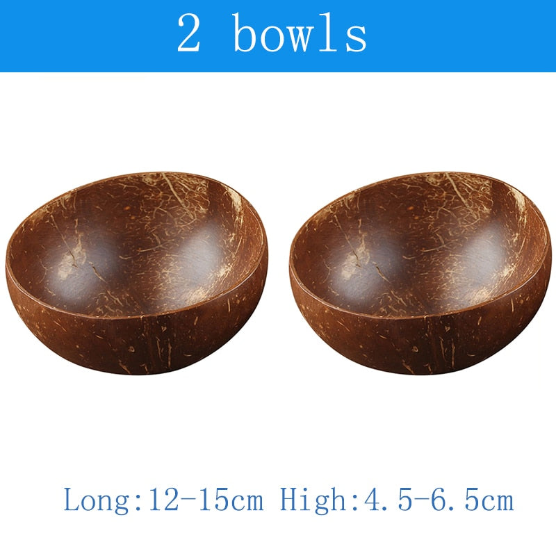 Natural Coconut Bowl and Spoon Set - 12-15cm Wooden Design Tableware for Home Kitchen, Dining, Salad, Rice, and Soup