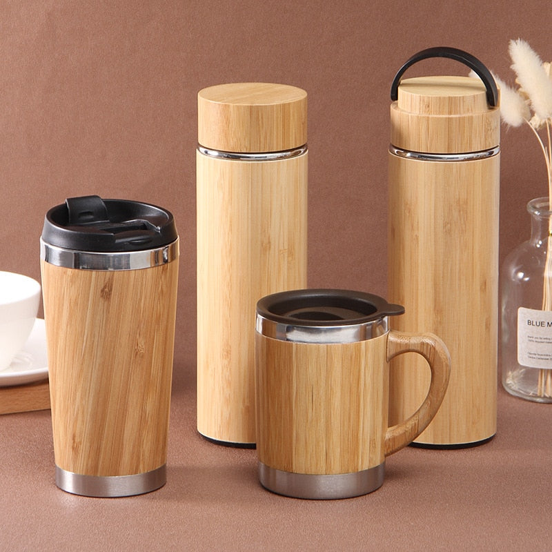 Portable Vacuum Flask Coffee Cup - New Bamboo Thermos Stainless Steel Water Bottle Tumbler, 350/450ml Capacity