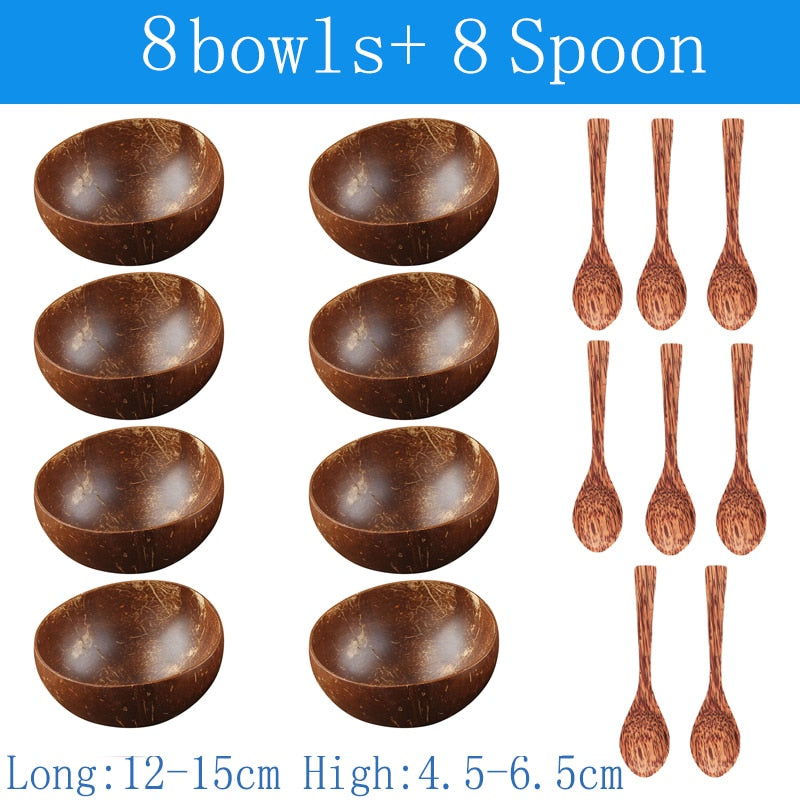 Natural Coconut Bowl and Spoon Set - 12-15cm Wooden Design Tableware for Home Kitchen, Dining, Salad, Rice, and Soup