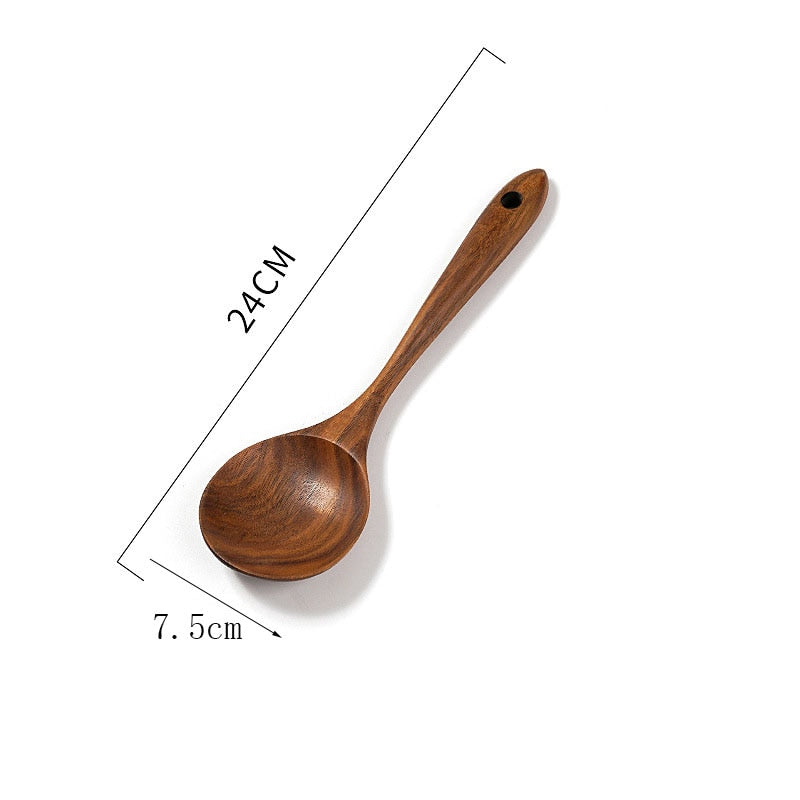 Thailand Teak Wood Kitchen Spoon with Long Handle, Rice Colander, and Soup Skimmer - Versatile Cooking Scoop Tool for Soups, Stews, and More