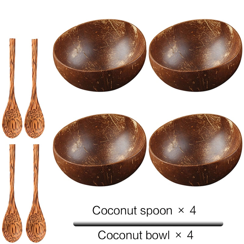 Natural Coconut Bowl Set - Handmade Eco-Friendly Vegan Bowls with Coco Wood Spoon Set for Kitchen Tableware and Home Storage.